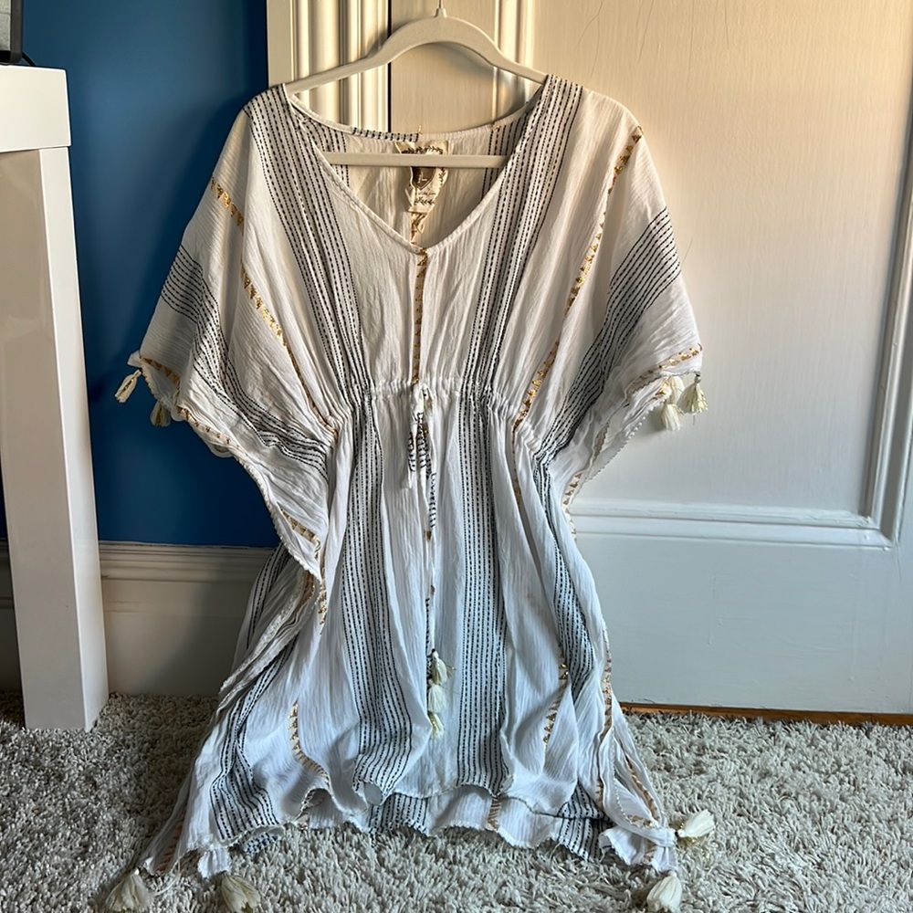 White Coverup with Gold and Nast Embroidery and Tassel Details